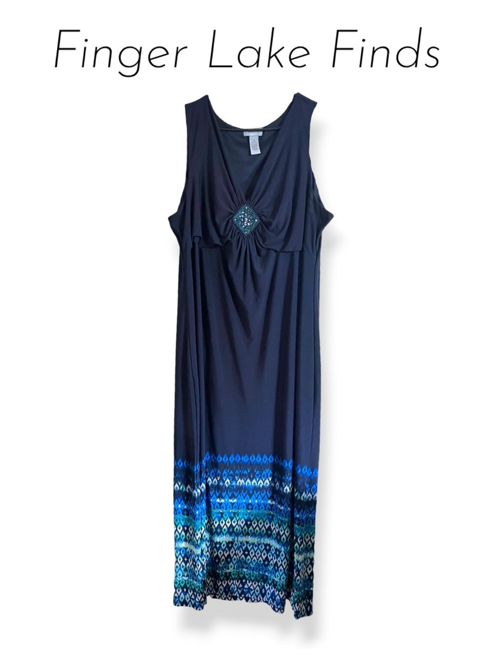 Catherines Navy Maxi Dress with Blue Patterned Hem and Beaded Accent, 3X